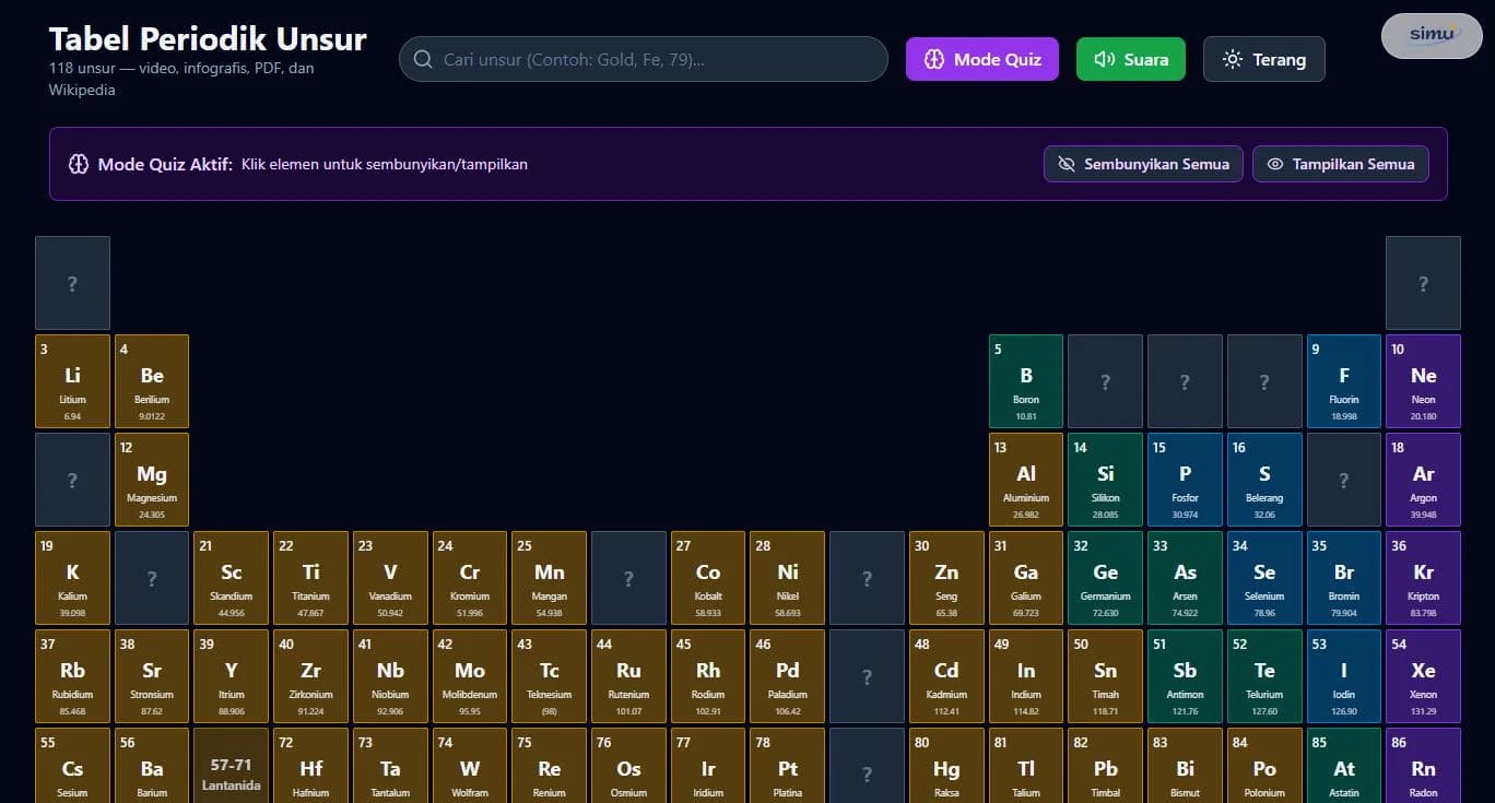 Tabel periodik dalam mode gelap dengan Mode Quiz aktif: dua belas unsur ditutup dan hanya menampilkan tanda tanya, sisanya tetap berwarna menurut kelompoknya